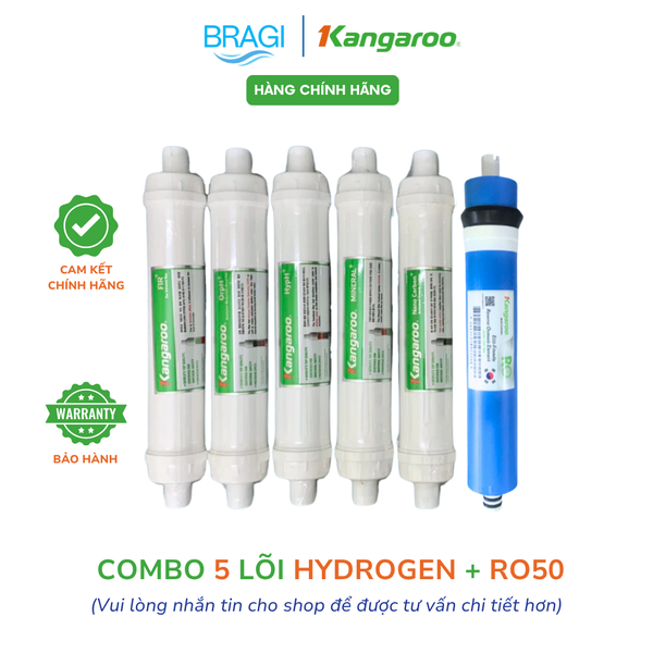 Combo 6 lõi Kangaroo màng RO 50 KGR và 5 lõi chức năng Hydrogen+ Kangaroo (Fir+, OrpH+, HypH+, Mineral+, Nano Carbon+) KÈM CÚT + DÂY