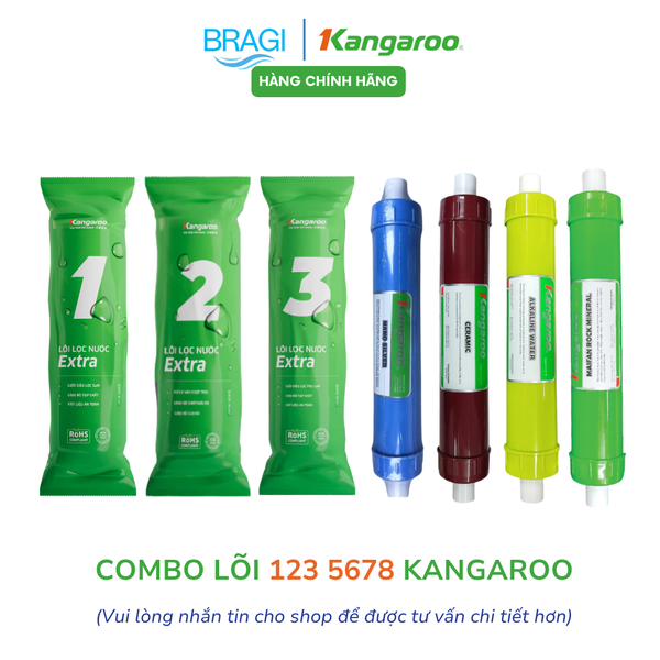 Combo 7 lõi lọc nước Gồm 123 EXTRA  + lõi 5678 Kangaroo (Nano, Ceramic, Alkaline, Maifan) KÈM CÚT + DÂY