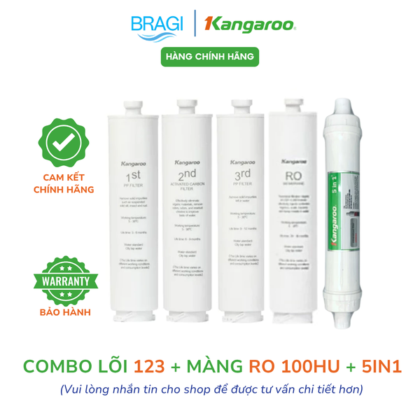 Combo 5 lõi lọc gồm bộ 123Hu, Màng RO, lõi 5in1 lắp máy lọc để bàn Kangaroo: Kg100Hu, KG100Hu+