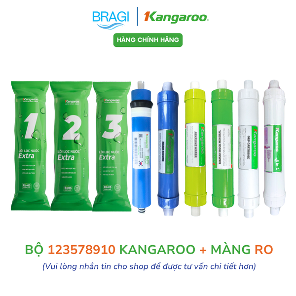 Combo 9 lõi lọc nước máy KG110 Kangaroo (123, RO 50GPD, Nano, Alkaline, Maifan, Orp, 5in1)