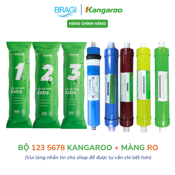 Combo bộ lọc thô 123 EXTRA + màng RO 50 KGR + lõi 5678 Kangaroo (Nano, Ceramic, Alkaline, Maifan) + đèn UV Philips 2 chân 2 đầu KÈM CÚT + DÂY