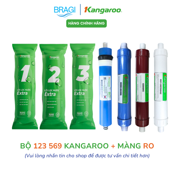 Combo 7 lõi lọc nước Gồm 123 EXTRA + màng RO 50 KGR + lõi chức năng 569 Kangaroo (Nano, Ceramic, ORP) cho máy Kangaroo KÈM CÚT + DÂY