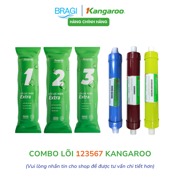 Combo bộ lọc thô 123 EXTRA + lõi 567 Kangaroo (Nano, Ceramic, Alkaline) + đèn UV Philips 2 chân 2 đầu KÈM CÚT + DÂY