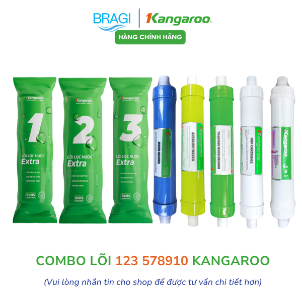 Combo 9 lõi Kangaroo Gồm 123EXTRA + 5 lõi 578910 (Nano + Alkaline + Maifan + ORP + 5IN1) KÈM CÚT + DÂY