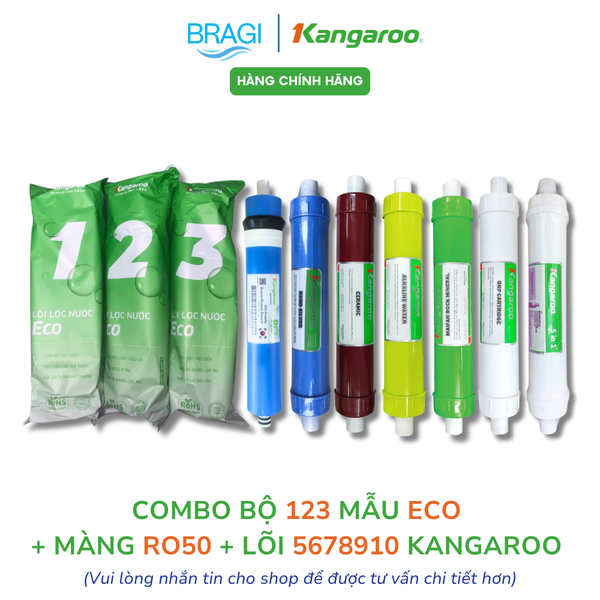 Combo 10 lõi Kangaroo Gồm 123 ECO + màng RO 50 KGR + lõi 5678910 (Nano, Ceramic, Alkaline, Maifan, ORP, 5IN1) - KÈM CÚT + DÂY