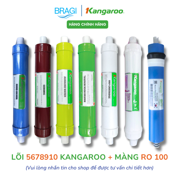 Combo 7 lõi Kangaroo Gồm màng RO 100GPD + lõi 5678910 (Nano, Ceramic, Alkaline, Maifan, ORP, 5IN1) - KÈM CÚT + DÂY
