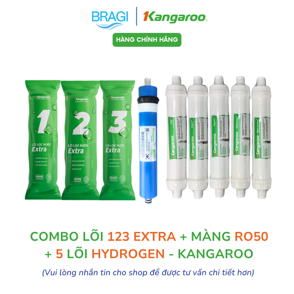 Combo 9 Lõi Lọc Nước Kangaroo gồm 123EXTRA + màng RO50 KGR + 5 lõi Hydrogen+ (Fir+, OrpH+, HypH+, Nano Carbon+, Mineral+)  KÈM CÚT + DÂY