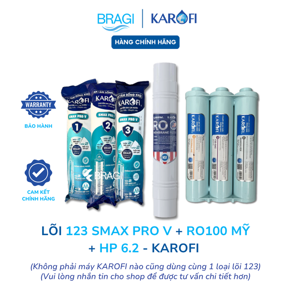 Combo 10 lõi Karofi gồm 123 Smax Pro V + RO100GPD đúc Mỹ + Mineral Plus + HP 6.2 KÈM CÚT + DÂY (dành cho model KAD-D66S)
