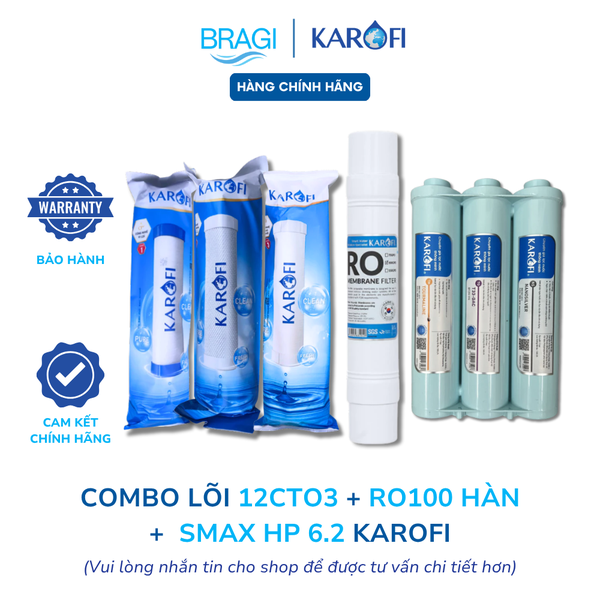 Combo 10 lõi lọc nước karofi (12CTO3, RO 100GPD Hàn Quốc, cụm HP 6.2) dùng cho máy KAQ-U05, KAQ-U95, S-S038,...