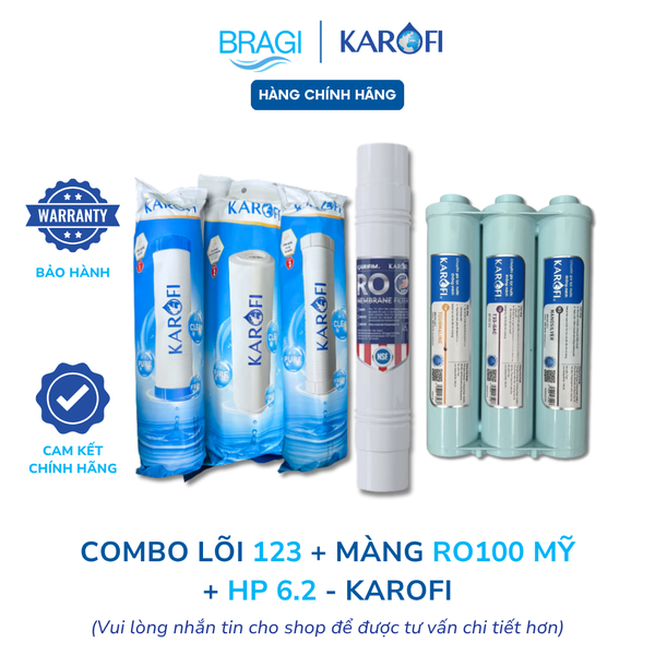 Bộ 10 lõi lọc nước Karofi chính hãng dùng cho máy lọc nước Karofi KAD-C55, KAD-M28,...(123, RO 100GPD Mỹ, HP 6.2)