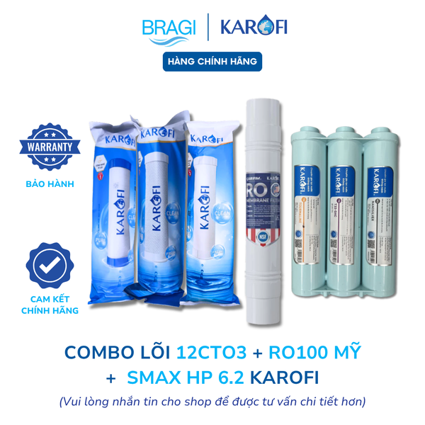 Combo 10 lõi lọc nước karofi (12CTO3, RO 100GPD Mỹ, cụm HP 6.2) dùng cho máy KAQ-U05, KAQ-U95, S-S038,...