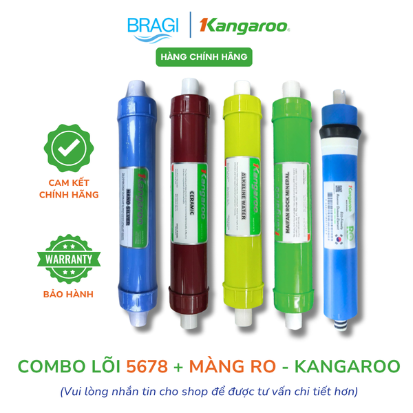 Combo 5 lõi Kangaroo gồm màng RO50KR Kangaroo + Lõi chức năng 5678 (Nano, Ceramic, Alkaline, Maifan) KÈM CÚT + DÂY