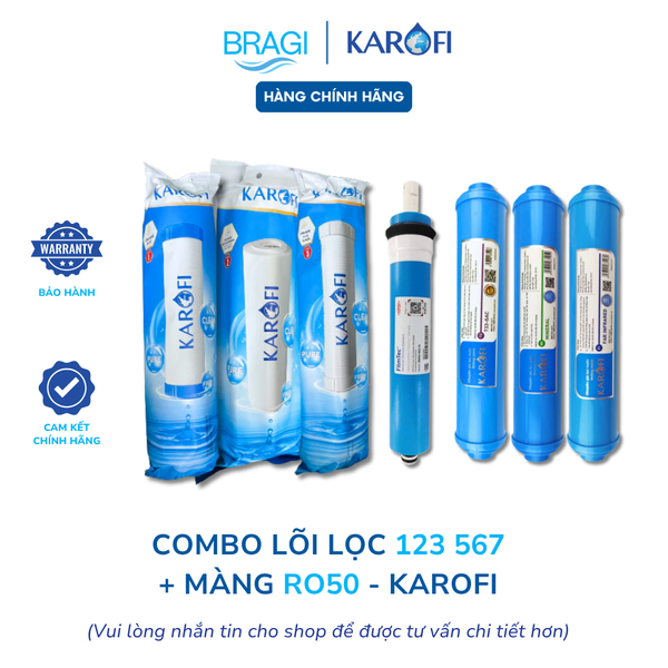 Combo 7 lõi Karofi gồm bộ thô 123 + màng RO50gpd Dupont + lõi 567 (T33, Mineral, Far) KÈM CÚT + DÂY
