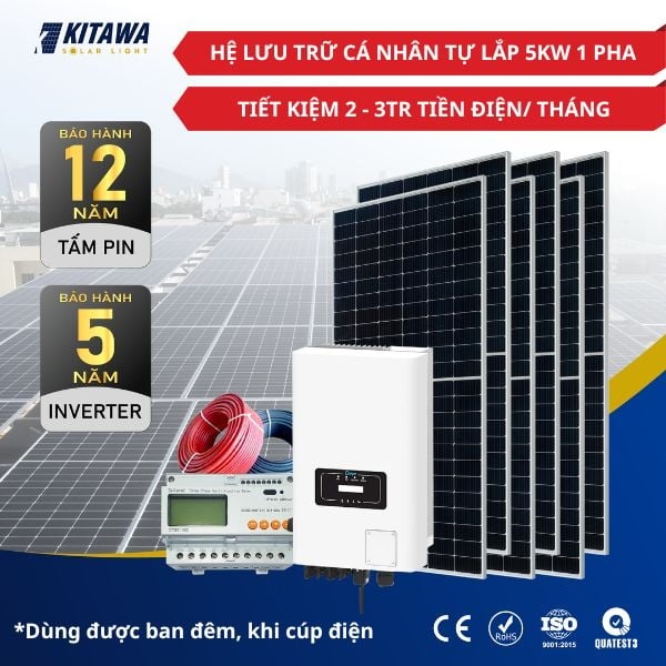 Hệ Điện Mặt Trời Hybrid 5kW 1 Pha Tự Lắp (Dùng Được Ban Đêm, Khi Cúp Điện) - Hoá Đơn 2 - 3 Triệu