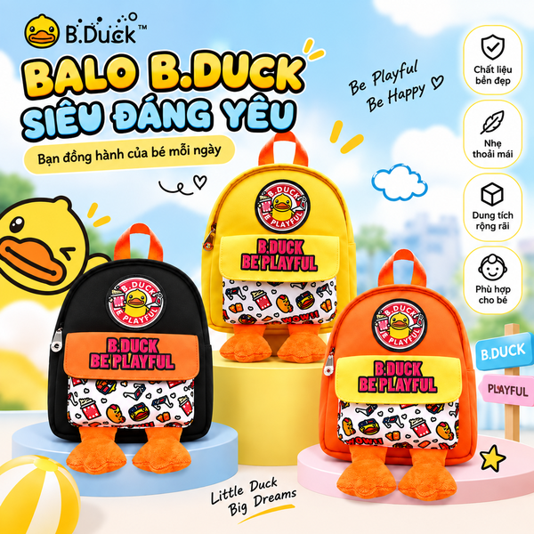 Balo Trẻ Em B.Duck Vịt Vàng Cute, Balo 2 Quai Hoạt Hình Có Chân Bông, Nhỏ Gọn Thời Trang Cho Bé