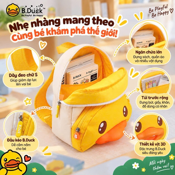 Balo B.Duck Vịt Vàng 3D Cho Bé 2-7 Tuổi, Balo Đi Học Mẫu Giáo Tiểu Học Nhẹ Êm, Chống Gù, Ngăn Rộng Dễ Thương