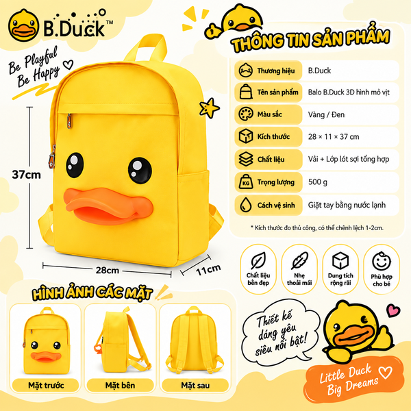Balo B.Duck Mỏ Vịt 3D Size Lớn 37cm, Balo Nữ Đựng Laptop Sách Vở A4 Đi Học Đi Làm Du Lịch