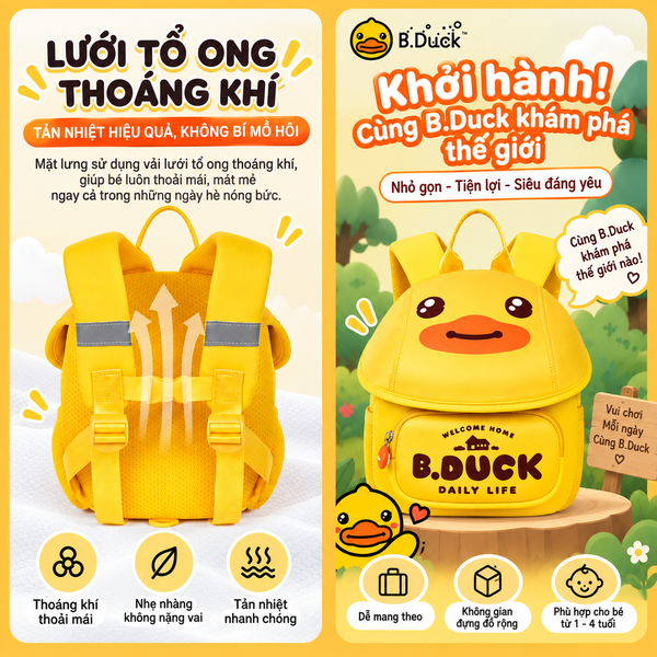 Balo B.Duck Vịt Vàng Cho Bé 1-4 Tuổi Có Dây Dắt Chống Đi Lạc, Balo Nắp Gập Nhẹ Thoáng Khí Cho Bé Trai Bé Gái