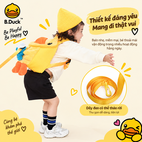 Balo Trẻ Em B.Duck Vịt Vàng 3D Lông Mềm Siêu Cute – Balo Mầm Non Cho Bé, Túi Đeo Vai Hoạt Hình Dễ Thương