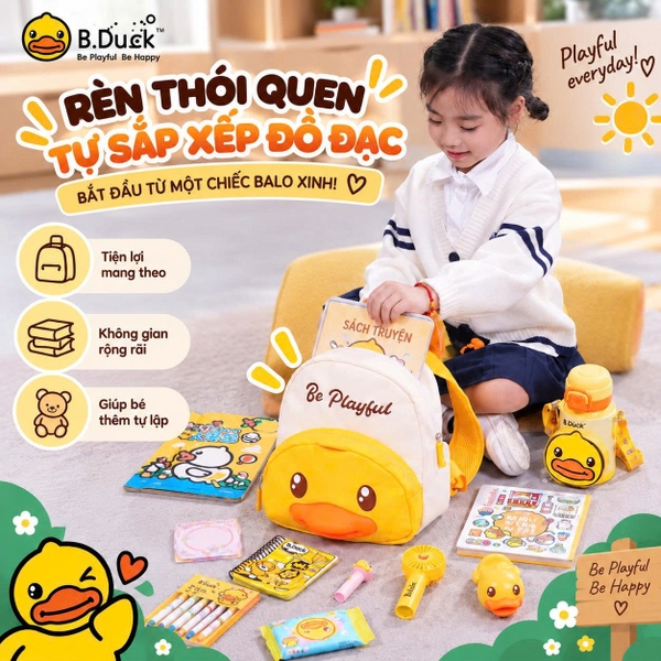 Balo B.Duck Vịt Vàng 3D Cho Bé 2-7 Tuổi, Balo Đi Học Mẫu Giáo Tiểu Học Nhẹ Êm, Chống Gù, Ngăn Rộng Dễ Thương