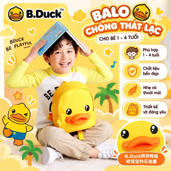 Balo Trẻ Em B.Duck Vịt Vàng Kèm Dây Dắt Tháo Rời, Balo Chống Thất Lạc Cho Bé 1–4 Tuổi, Nhẹ Êm Dễ Thương