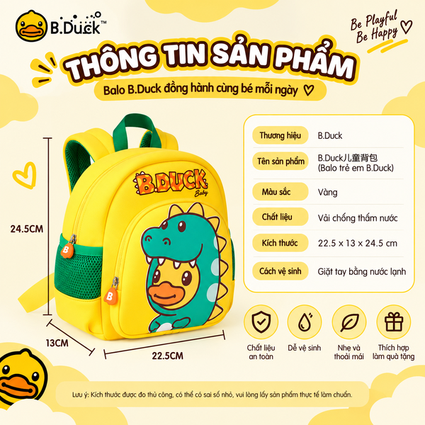 Balo B.Duck Vịt Vàng Khủng Long Cho Bé 1-4 Tuổi, Balo Chống Đi Lạc Có Dây Dắt, Balo Mẫu Giáo Nhẹ Cho Bé Trai Bé Gái
