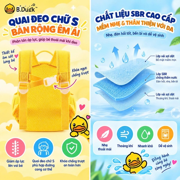 Balo B.Duck Cho Bé Trai Bé Gái, Balo Mẫu Giáo Trẻ Em Vịt Vàng 2 Quai Đi Học Mầm Non, có dây chống lạc