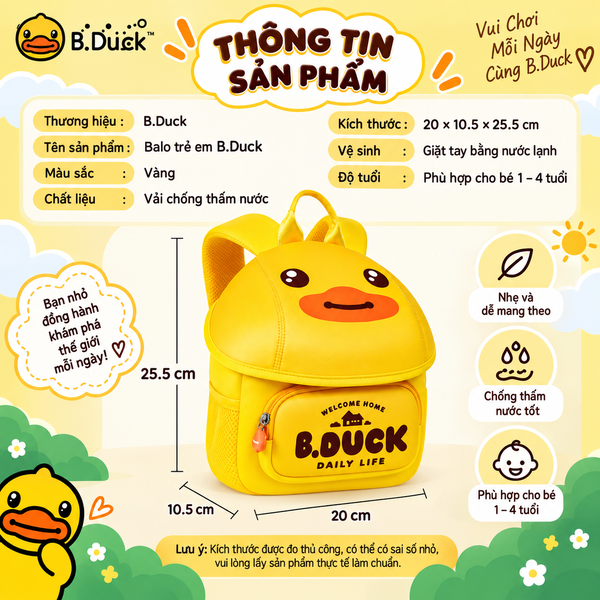 Balo B.Duck Vịt Vàng Cho Bé 1-4 Tuổi Có Dây Dắt Chống Đi Lạc, Balo Nắp Gập Nhẹ Thoáng Khí Cho Bé Trai Bé Gái