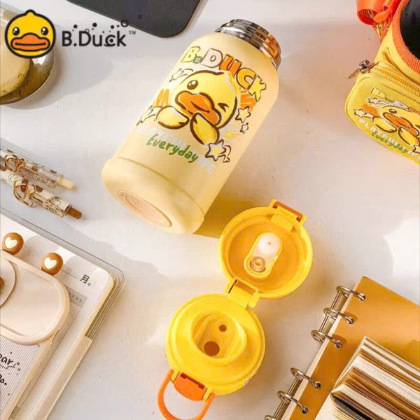 Bình Giữ Nhiệt B.Duck 500ml Cho Bé – Bình Nước 2 Kiểu Uống Có Ống Hút, Inox 316, Kèm Túi Đeo Dễ Thương