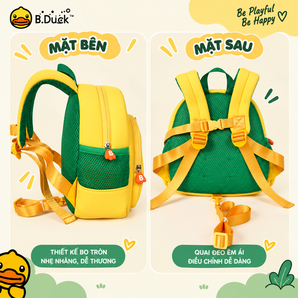 Balo B.Duck Vịt Vàng Khủng Long Cho Bé 1-4 Tuổi, Balo Chống Đi Lạc Có Dây Dắt, Balo Mẫu Giáo Nhẹ Cho Bé Trai Bé Gái