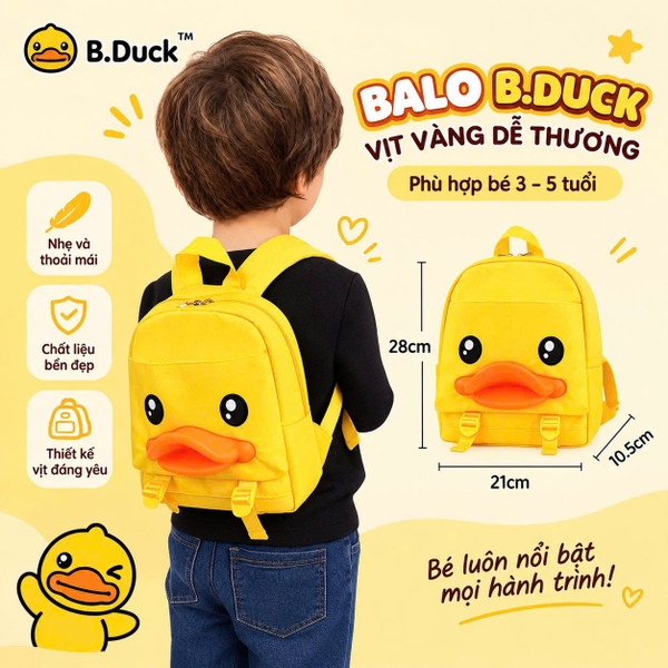 Balo B.Duck Vịt Vàng 3D Cho Bé, Balo Trẻ Em Hình Vịt Hoạt Hình Dễ Thương, Chất Liệu Vải Oxford, Đeo Vai Đi Học Đi Chơi