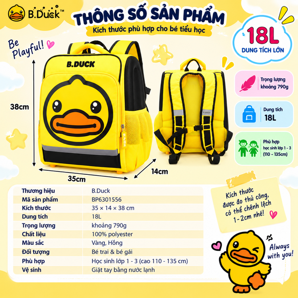 Balo B.Duck Vịt Vàng Trẻ Em Lớp 1-3, Balo Học Sinh Chống Gù, Trợ Lực Cột Sống, Siêu Nhẹ