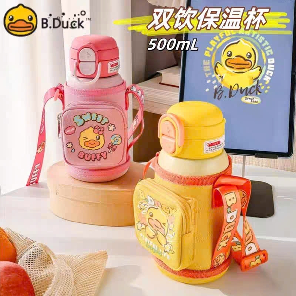 Bình Giữ Nhiệt B.Duck 500ml Cho Bé – Bình Nước 2 Kiểu Uống Có Ống Hút, Inox 316, Kèm Túi Đeo Dễ Thương