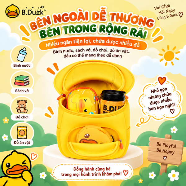 Balo B.Duck Vịt Vàng Cho Bé 1-4 Tuổi Có Dây Dắt Chống Đi Lạc, Balo Nắp Gập Nhẹ Thoáng Khí Cho Bé Trai Bé Gái