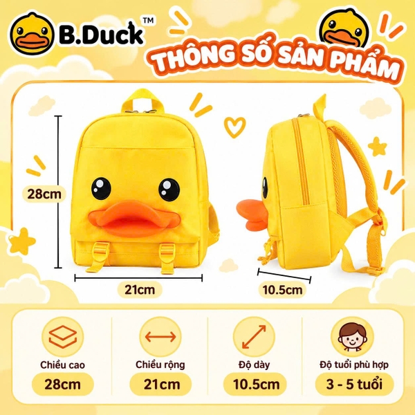 Balo B.Duck Vịt Vàng 3D Cho Bé, Balo Trẻ Em Hình Vịt Hoạt Hình Dễ Thương, Chất Liệu Vải Oxford, Đeo Vai Đi Học Đi Chơi