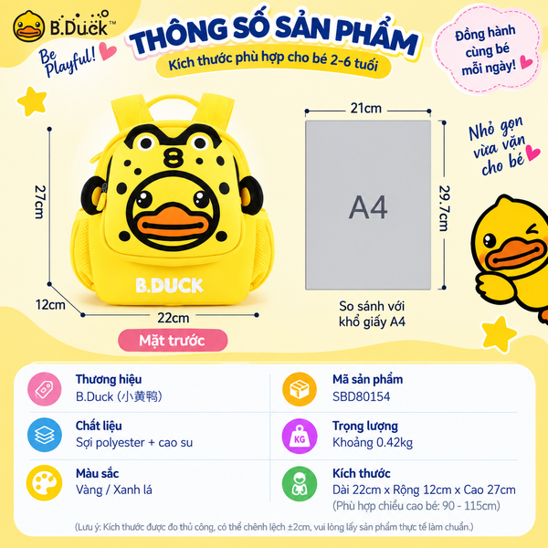 Balo B.Duck Cho Bé Trai Bé Gái, Balo Mẫu Giáo Trẻ Em Vịt Vàng 2 Quai Đi Học Mầm Non, có dây chống lạc