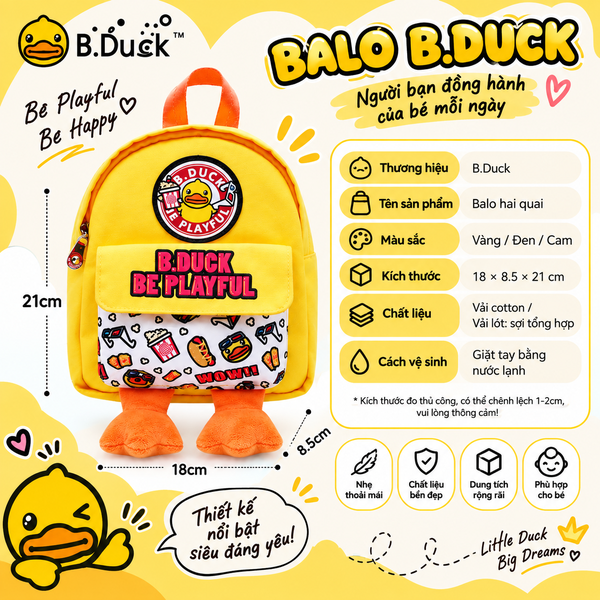 Balo Trẻ Em B.Duck Vịt Vàng Cute, Balo 2 Quai Hoạt Hình Có Chân Bông, Nhỏ Gọn Thời Trang Cho Bé