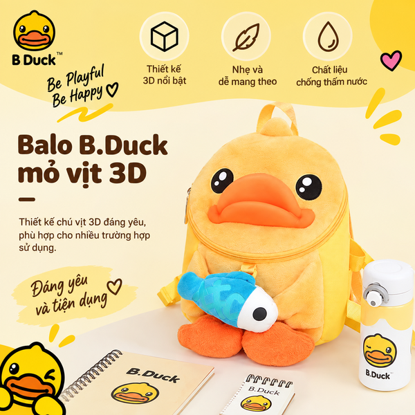 Balo Trẻ Em B.Duck Vịt Vàng 3D Lông Mềm Siêu Cute – Balo Mầm Non Cho Bé, Túi Đeo Vai Hoạt Hình Dễ Thương