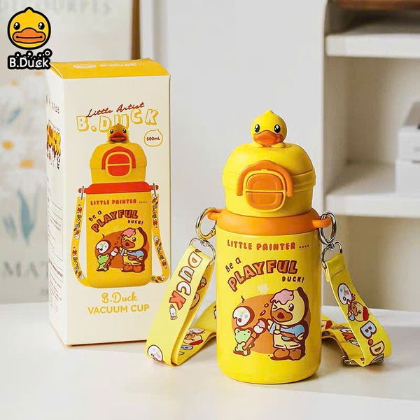 Bình Nước Giữ Nhiệt B.Duck 500ml Inox 316L Cho Bé – Có Ống Hút & Dây Đeo, Giữ Nhiệt Lạnh Nóng