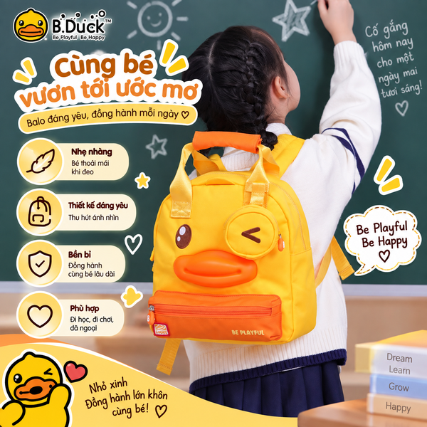 Balo B.Duck Vịt Vàng Cho Bé Đi Học Mẫu Giáo, Balo Trẻ Em Hình Mỏ Vịt 3D Kèm Túi Nhỏ Tháo Rời, Nhẹ Êm Dễ Thương