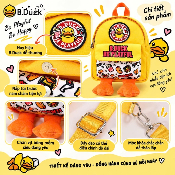 Balo Trẻ Em B.Duck Vịt Vàng Cute, Balo 2 Quai Hoạt Hình Có Chân Bông, Nhỏ Gọn Thời Trang Cho Bé