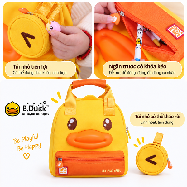 Balo B.Duck Vịt Vàng Cho Bé Đi Học Mẫu Giáo, Balo Trẻ Em Hình Mỏ Vịt 3D Kèm Túi Nhỏ Tháo Rời, Nhẹ Êm Dễ Thương