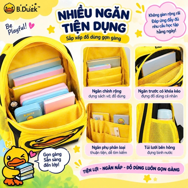 Balo B.Duck Vịt Vàng Trẻ Em Lớp 1-3, Balo Học Sinh Chống Gù, Trợ Lực Cột Sống, Siêu Nhẹ