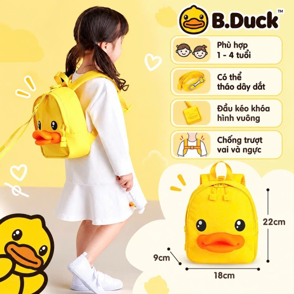 Balo Trẻ Em B.Duck Vịt Vàng Kèm Dây Dắt Tháo Rời, Balo Chống Thất Lạc Cho Bé 1–4 Tuổi, Nhẹ Êm Dễ Thương