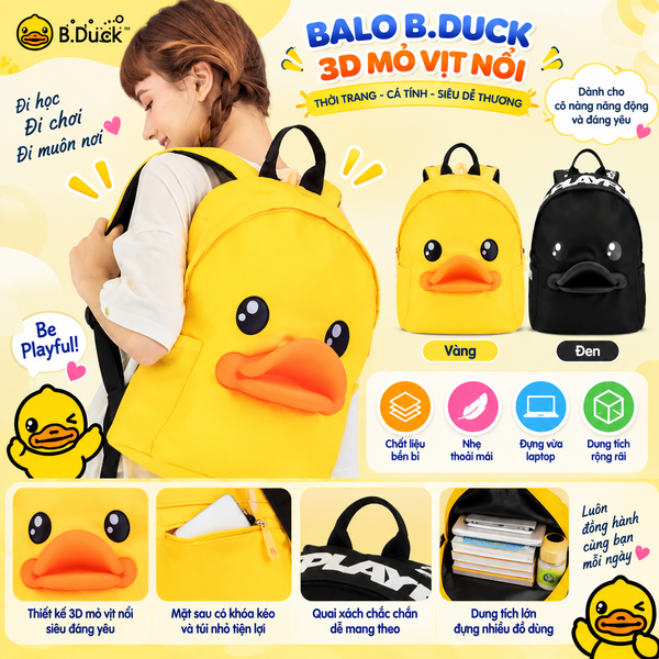 Balo B.Duck Nữ Mỏ Vịt Nổi 3D, Balo Đi Học Đi Chơi Size Lớn Thời Trang Dễ Thương