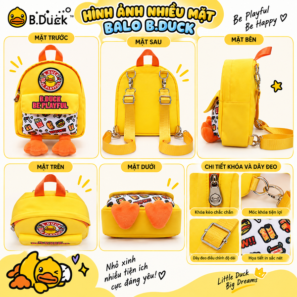 Balo Trẻ Em B.Duck Vịt Vàng Cute, Balo 2 Quai Hoạt Hình Có Chân Bông, Nhỏ Gọn Thời Trang Cho Bé