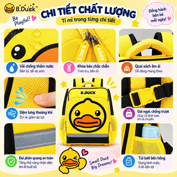 Balo B.Duck Vịt Vàng Trẻ Em Lớp 1-3, Balo Học Sinh Chống Gù, Trợ Lực Cột Sống, Siêu Nhẹ