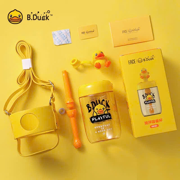 Bình Nước B.Duck 500ml Có Ống Hút – Bình Nước Hoạt Hình Cho Bé Kèm Dây Đeo