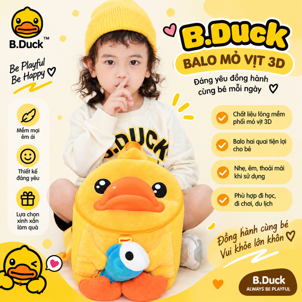 Balo Trẻ Em B.Duck Vịt Vàng 3D Lông Mềm Siêu Cute – Balo Mầm Non Cho Bé, Túi Đeo Vai Hoạt Hình Dễ Thương