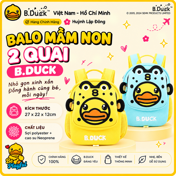 Balo B.Duck Cho Bé Trai Bé Gái, Balo Mẫu Giáo Trẻ Em Vịt Vàng 2 Quai Đi Học Mầm Non, có dây chống lạc